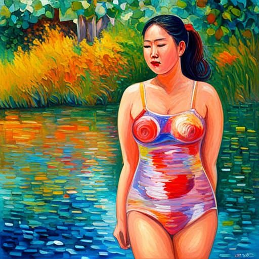 Plus Size Asian Woman: Neo-Impressionist Oil Painting