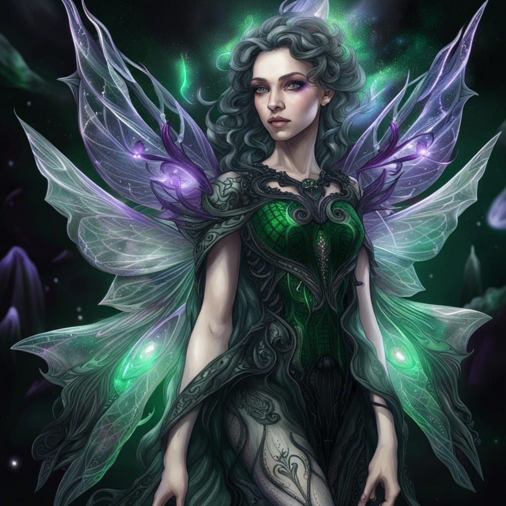 Detailed Crystal Fairy Portrait with Dark Flames
