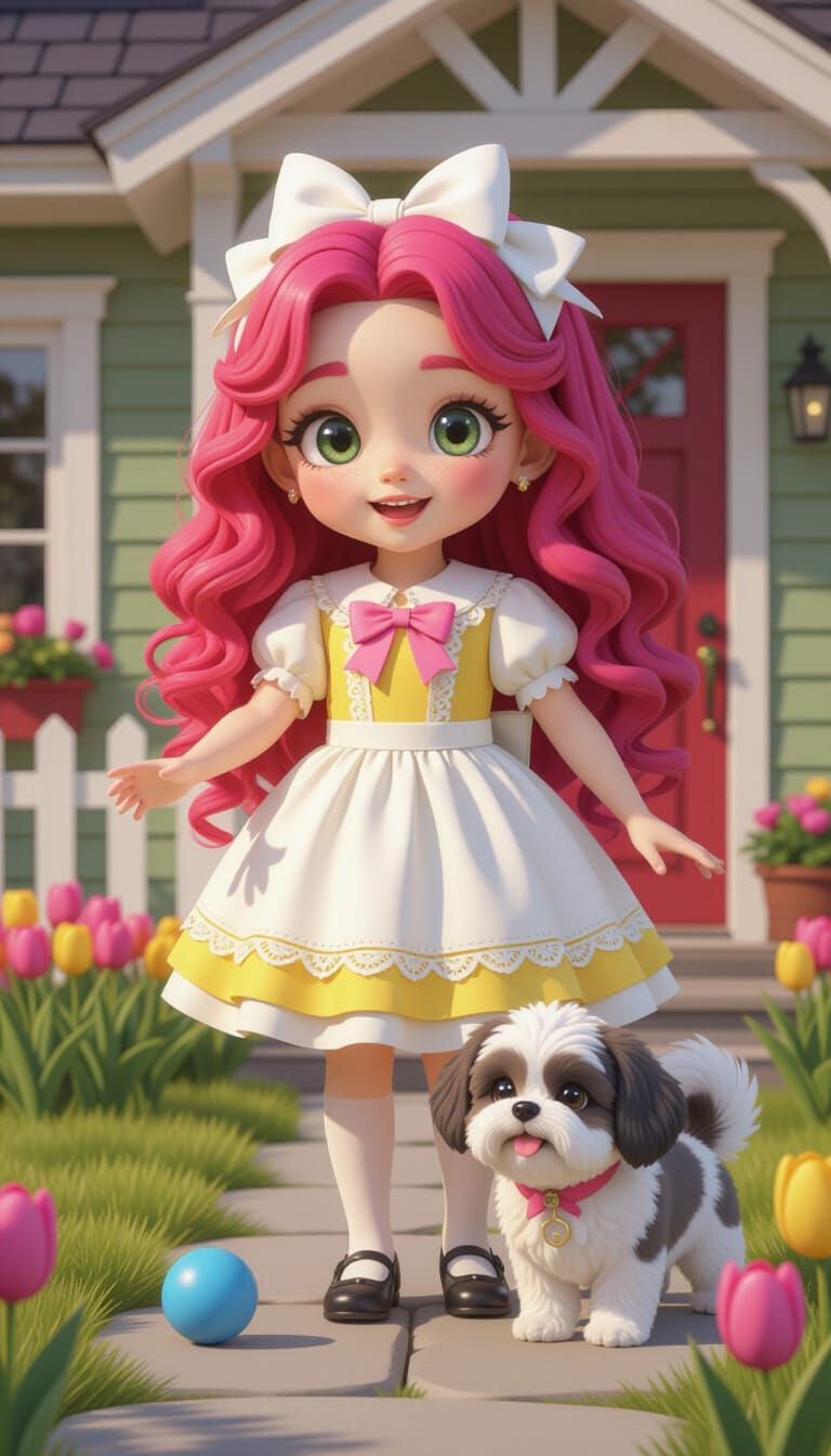 Anime Girl and Dog Play in Fall Garden