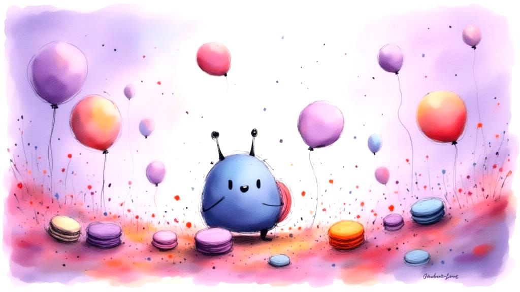 Whimsical Pastries Float in Lavender Sky with Friendly Monst...