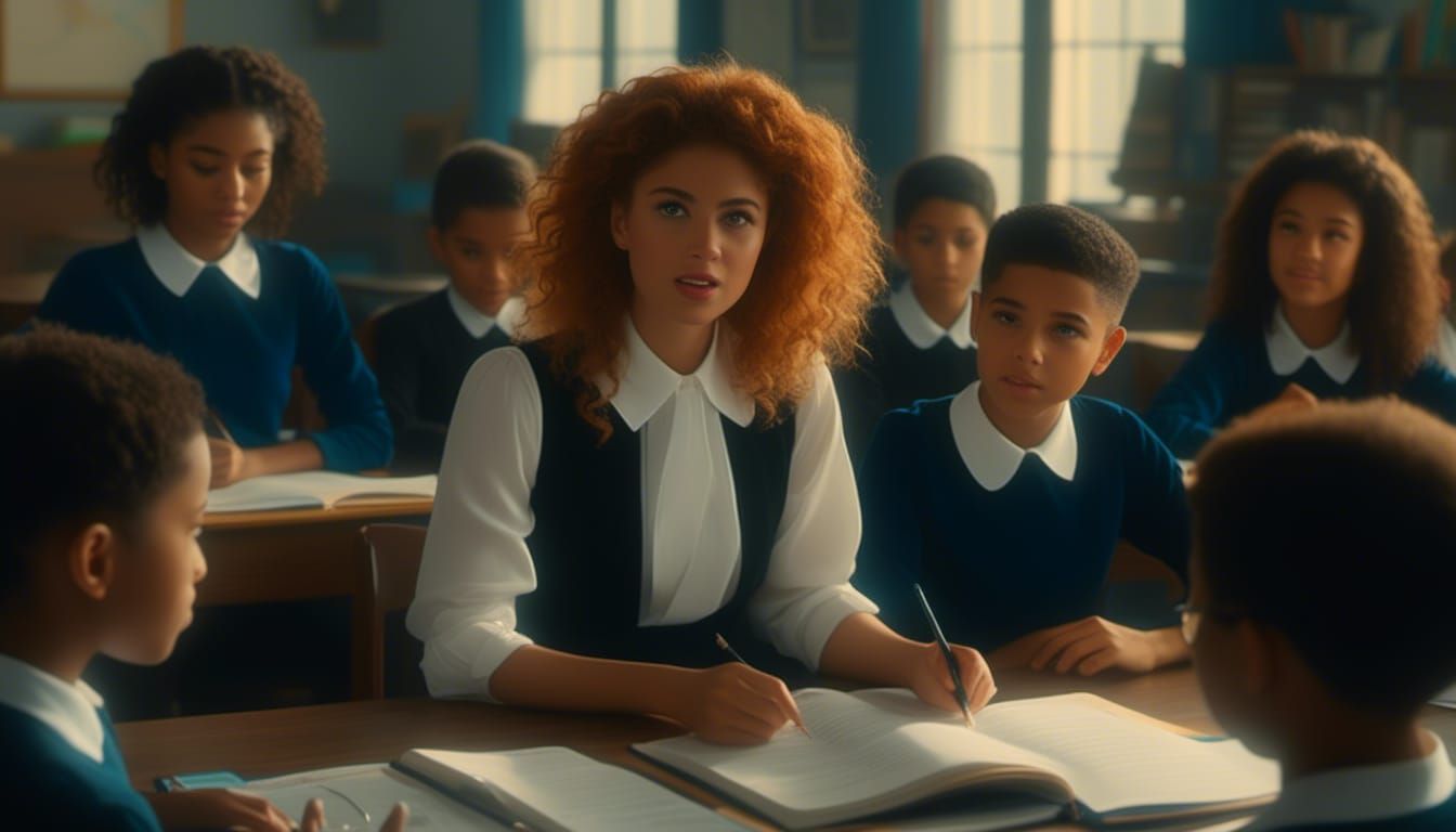 Young Teacher in Painterly Style Classroom Scene