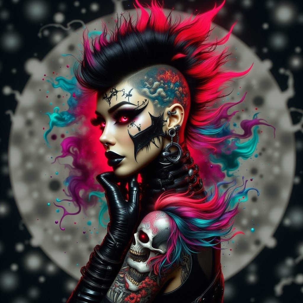 Gothic Punk Woman with Skull Tattoos in Giger Style