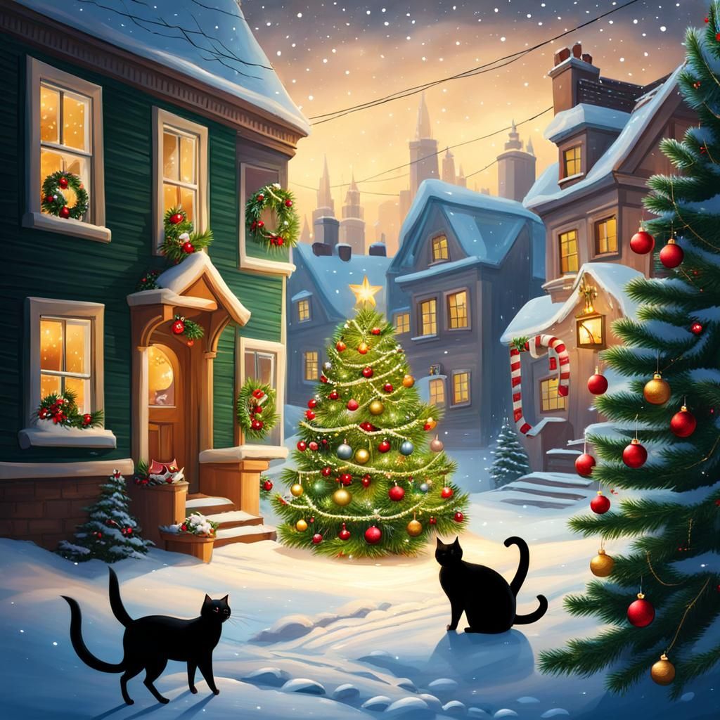 Festive Christmas Tree with Cats on Winter Street