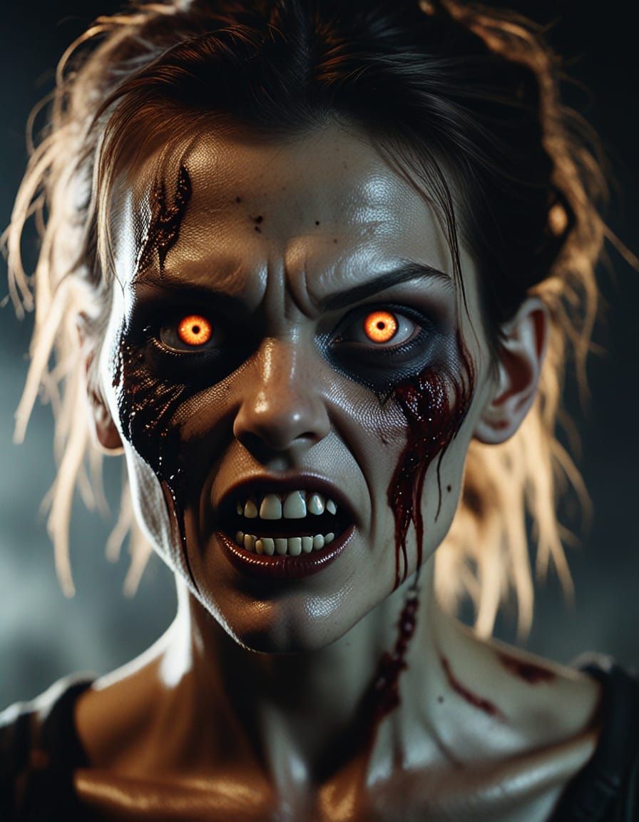 Woman Zombie with Glowing Eyes in Photorealistic Horror