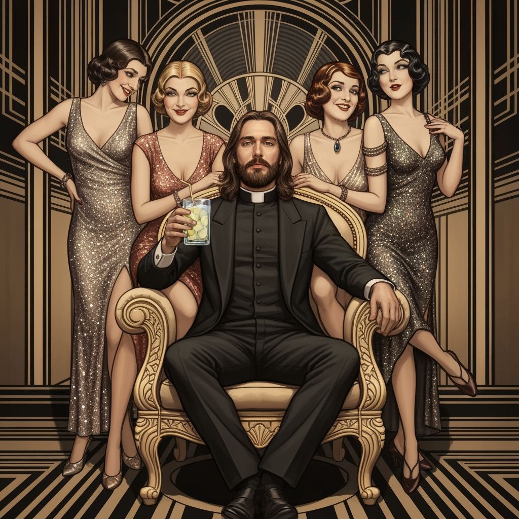 Reverend with Art Deco Divas in Luxurious Setting