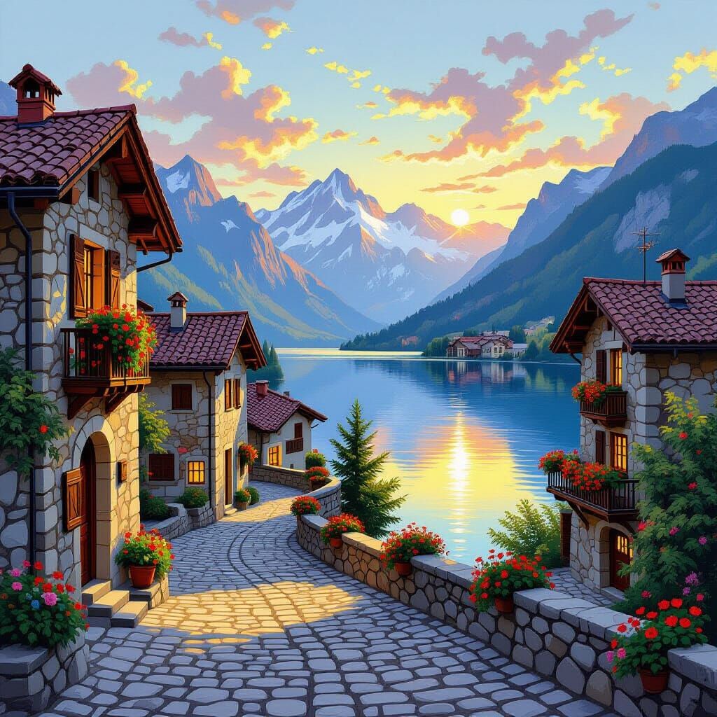 Italian Alps Village at Dawn in Impressionist Style