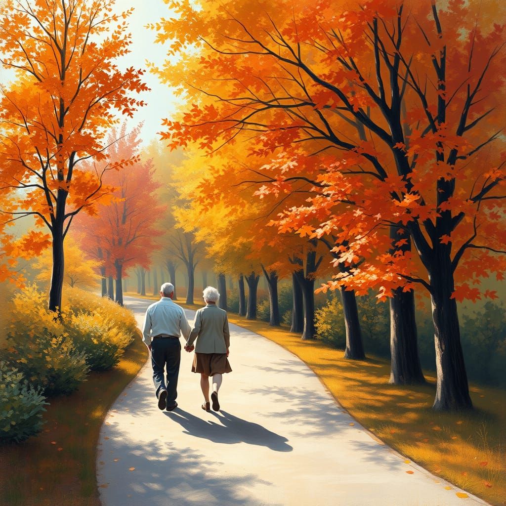 Autumn Stroll: Impressionistic Old Couple in Fall