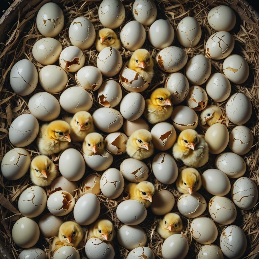 Newborn Chicks in Cracked Eggs: Cinematic Still