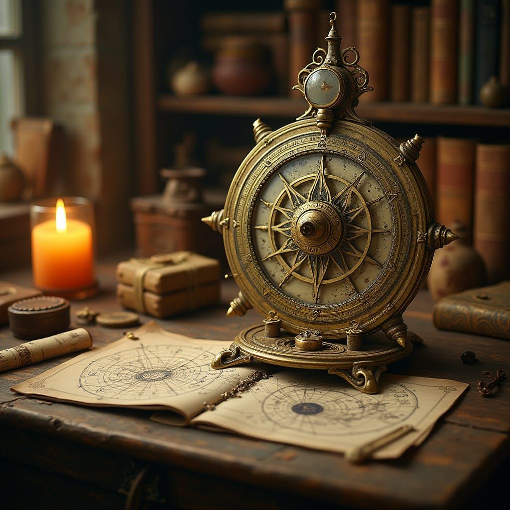 Sentient Astrolabe in Candlelit Study, Art Nouveau Style