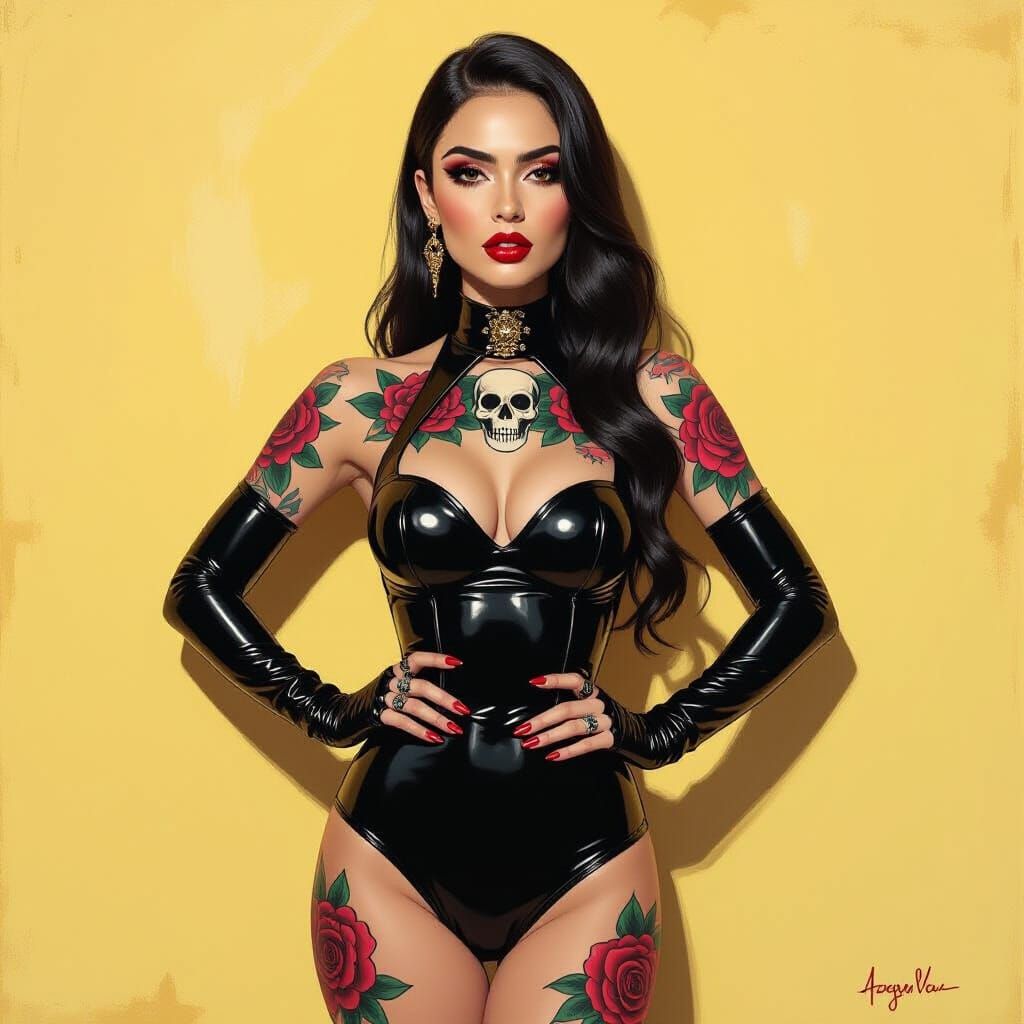 Confident Woman with Tattoos in Expressionist Style
