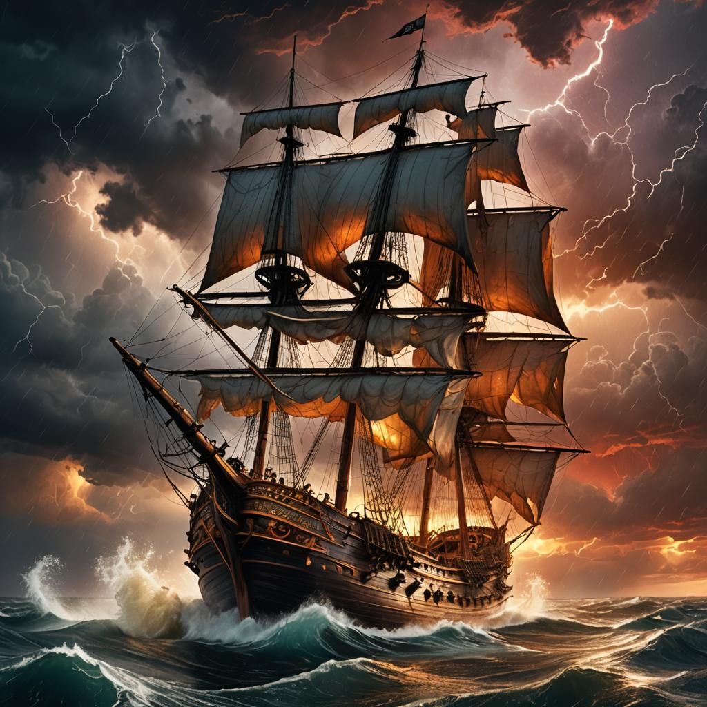 Galleon Sails Through Stormy Sunset: Dramatic Seascape