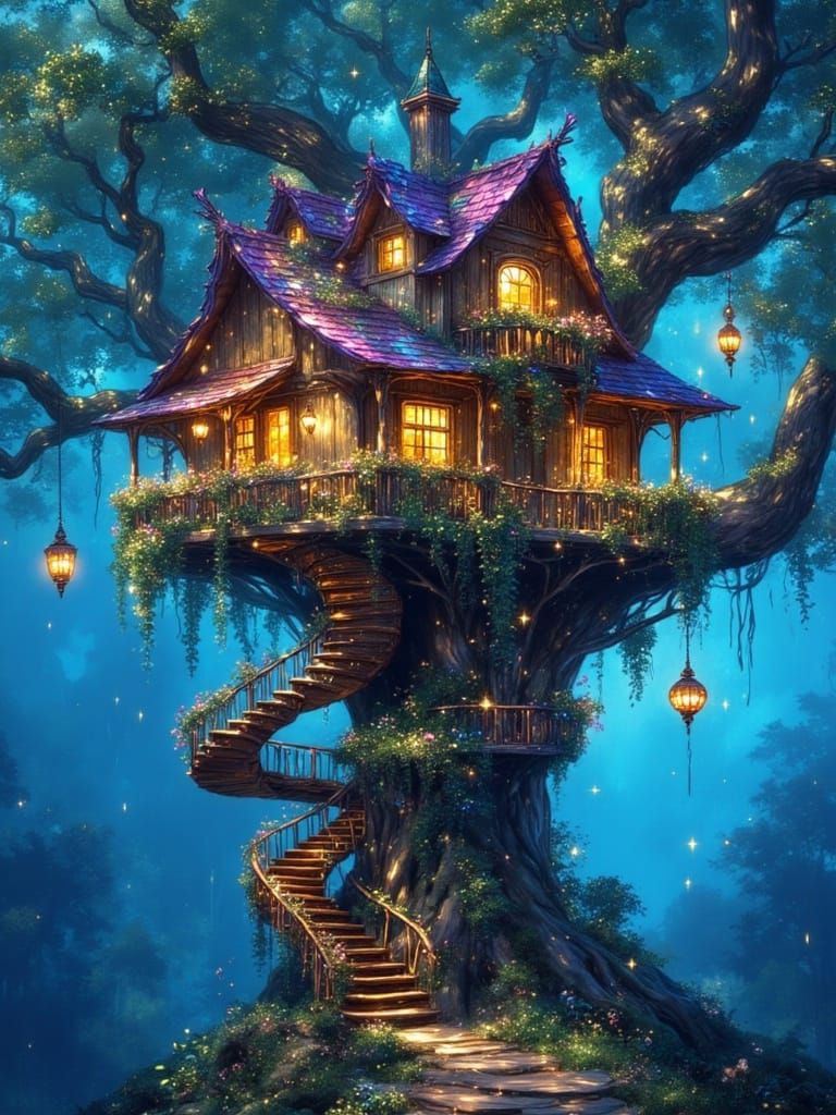 Whimsical Treehouse in Vibrant Colors, Dreamlike Nighttime S...
