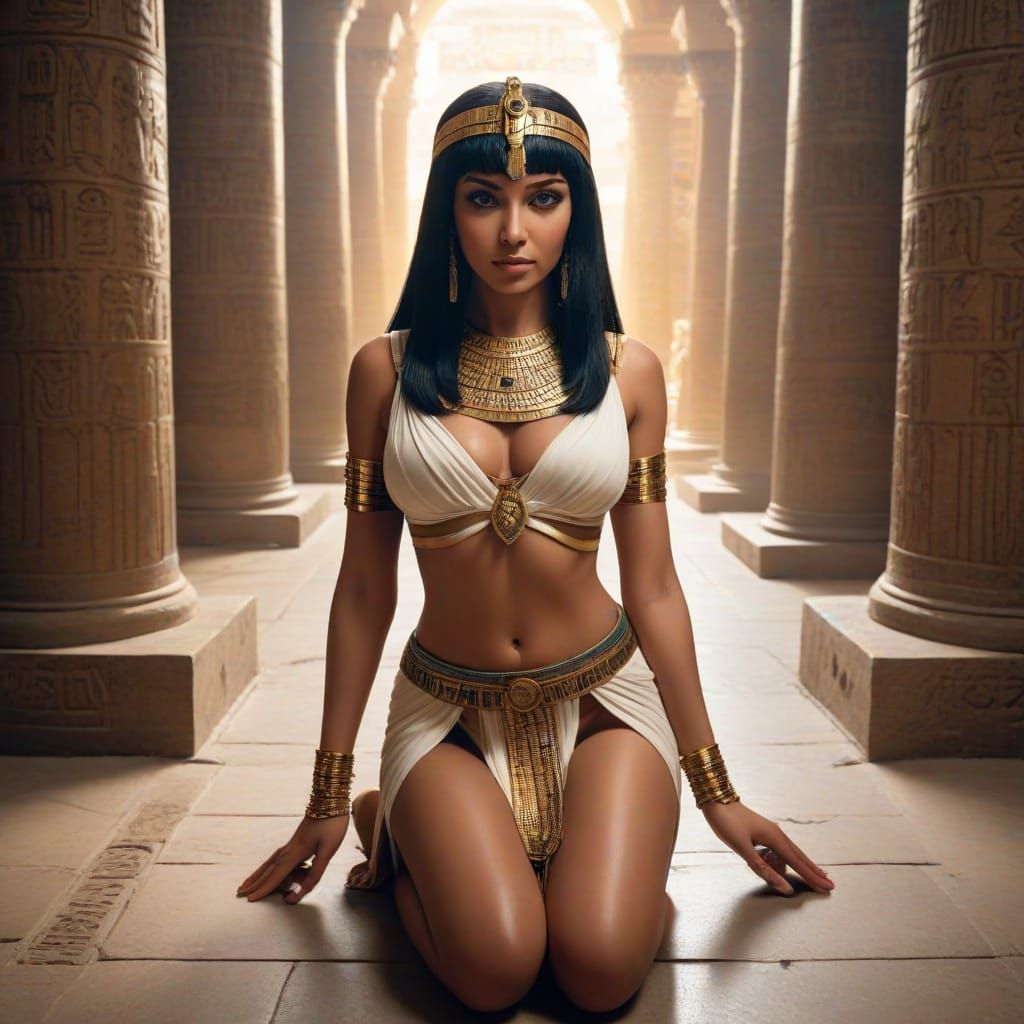Cleopatra kneeling in an Egyptian temple.