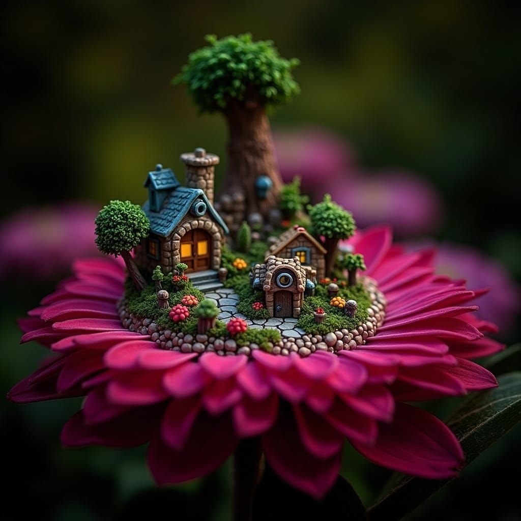 Miniature Village on Blooming Flower in Macro Photography