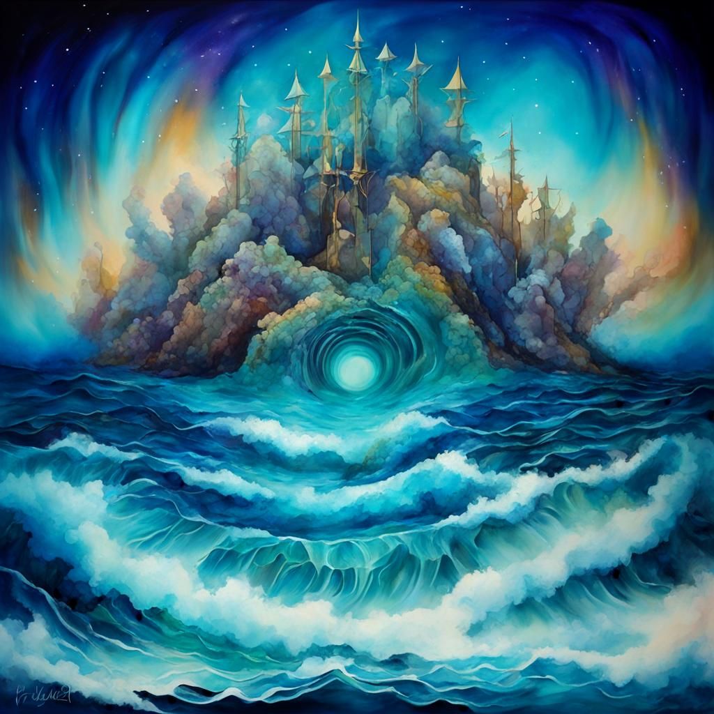 Magical Surreal Ocean Scene in Alcohol Ink Style