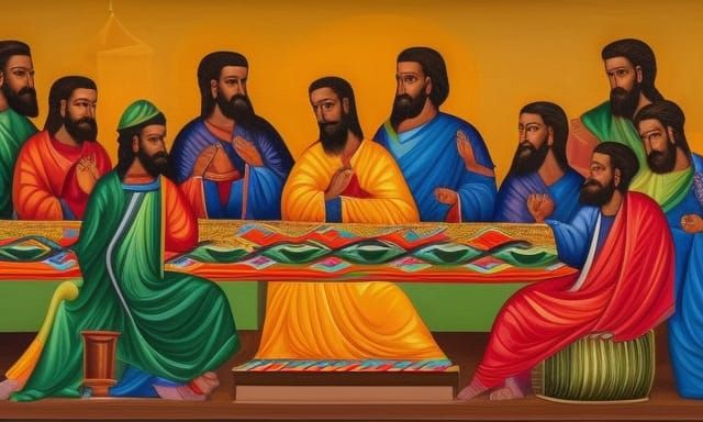 The last Supper by an Ethiopian religious artist , concept art triadic colors, immaculate composition, perfect proporti...