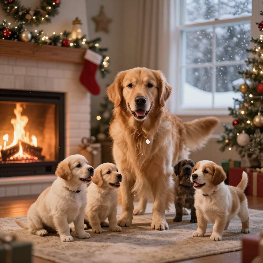 Golden Retriever Family Christmas by Fireplace