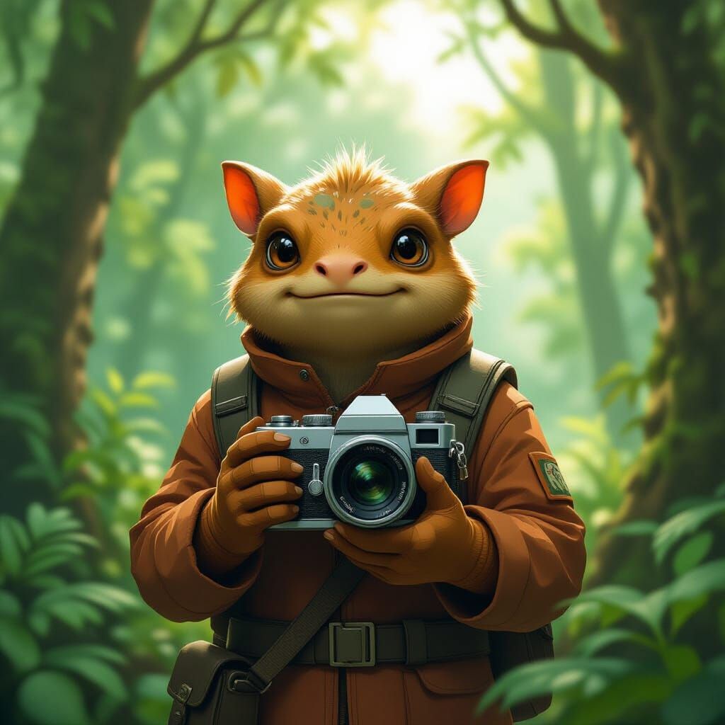 Creature Photographer in Forest, Digital Art Style