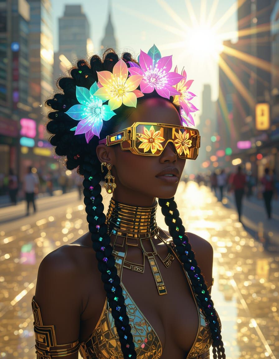 Afrofuturist Woman with Cybernetic Enhancements in Art Nouve...