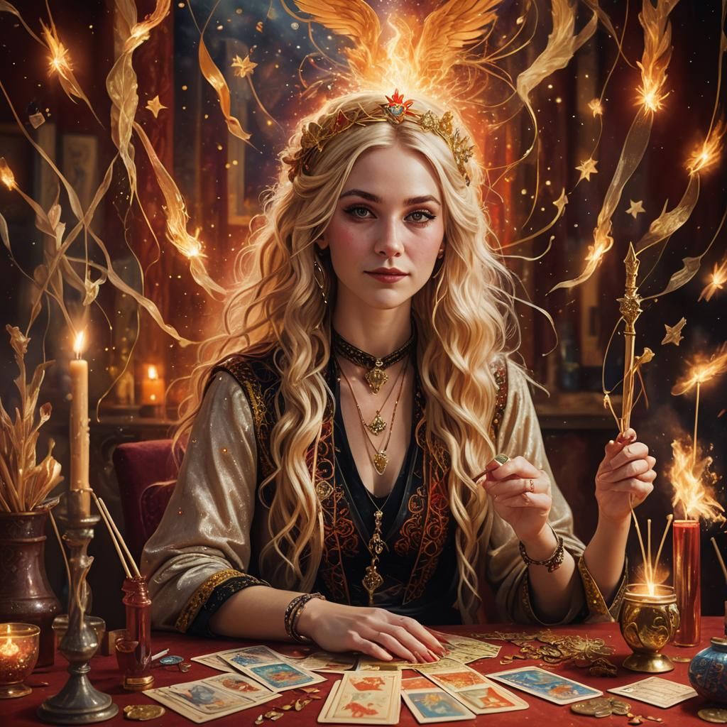 Mystical Tarot Reader Portrait in Red and Gold