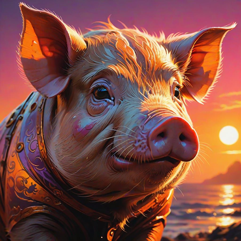Happy Pig in Sunset, Dark Fantasy Ink Painting