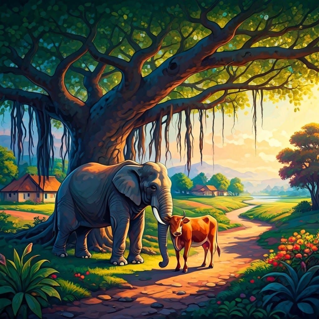 Majestic Elephant and Gentle Cow in Serene Village Landscape