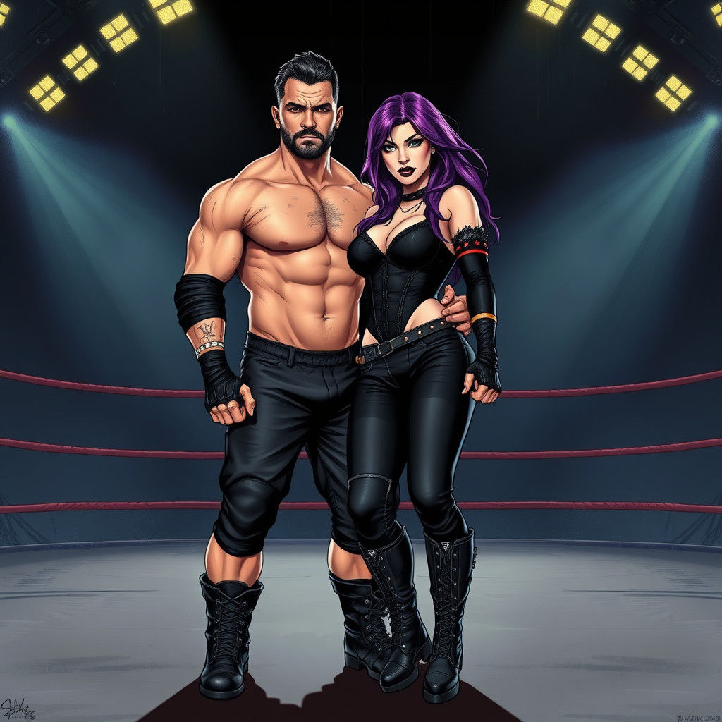 Wrestler Couple in Gritty Ring, Comic Book Style