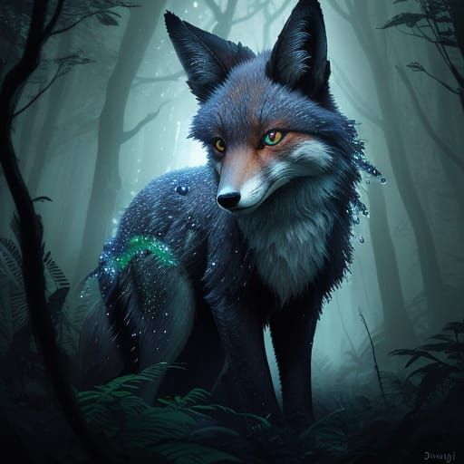 Mysterious Fox in Moonlit Forest, Digital Matte Painting