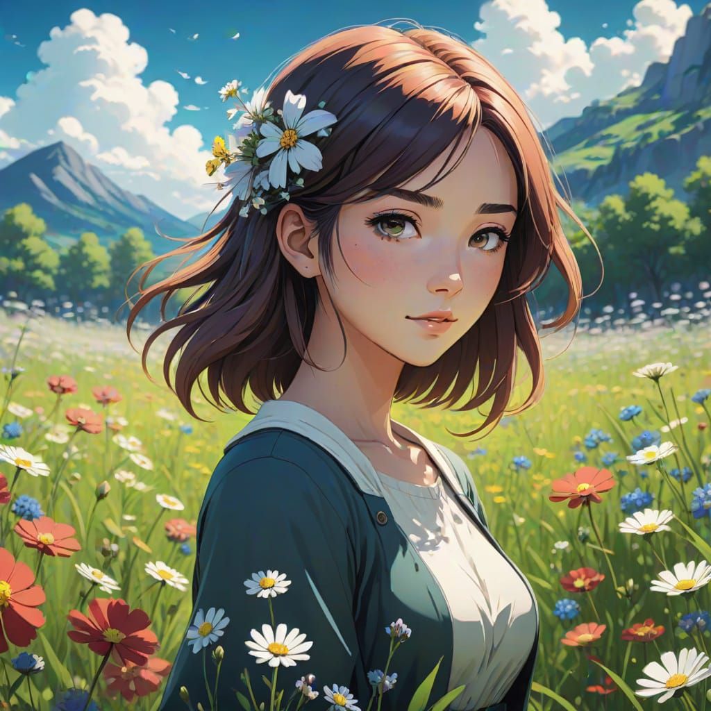 Breathtaking Anime-Inspired Girl in Vibrant Floral Paradise