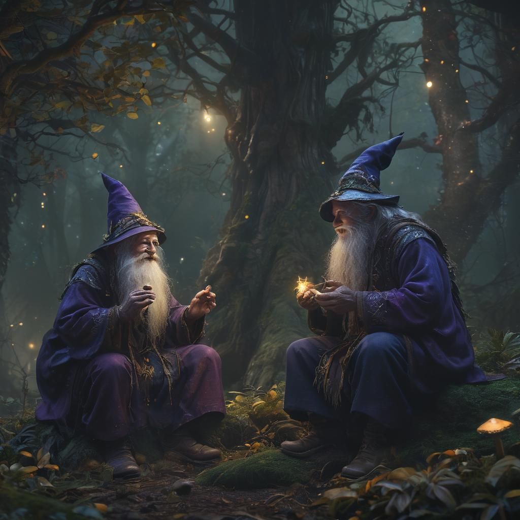 Enchanted Forest: Two Wizards Laughing Under the Stars