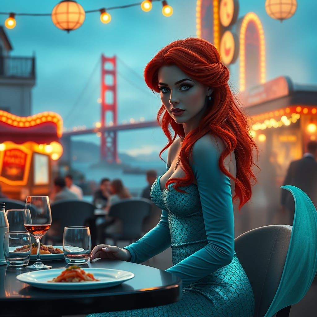 Ethereal Mermaid Sits in Neon-Lit Café Amidst Vibrant Citysc...