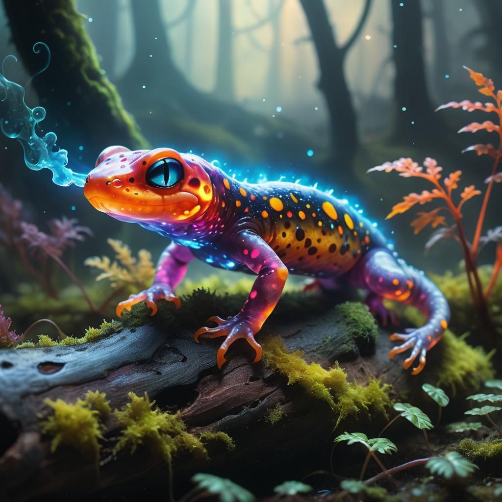 Bioluminescent Alien Fire Salamander in Ethereal Setting