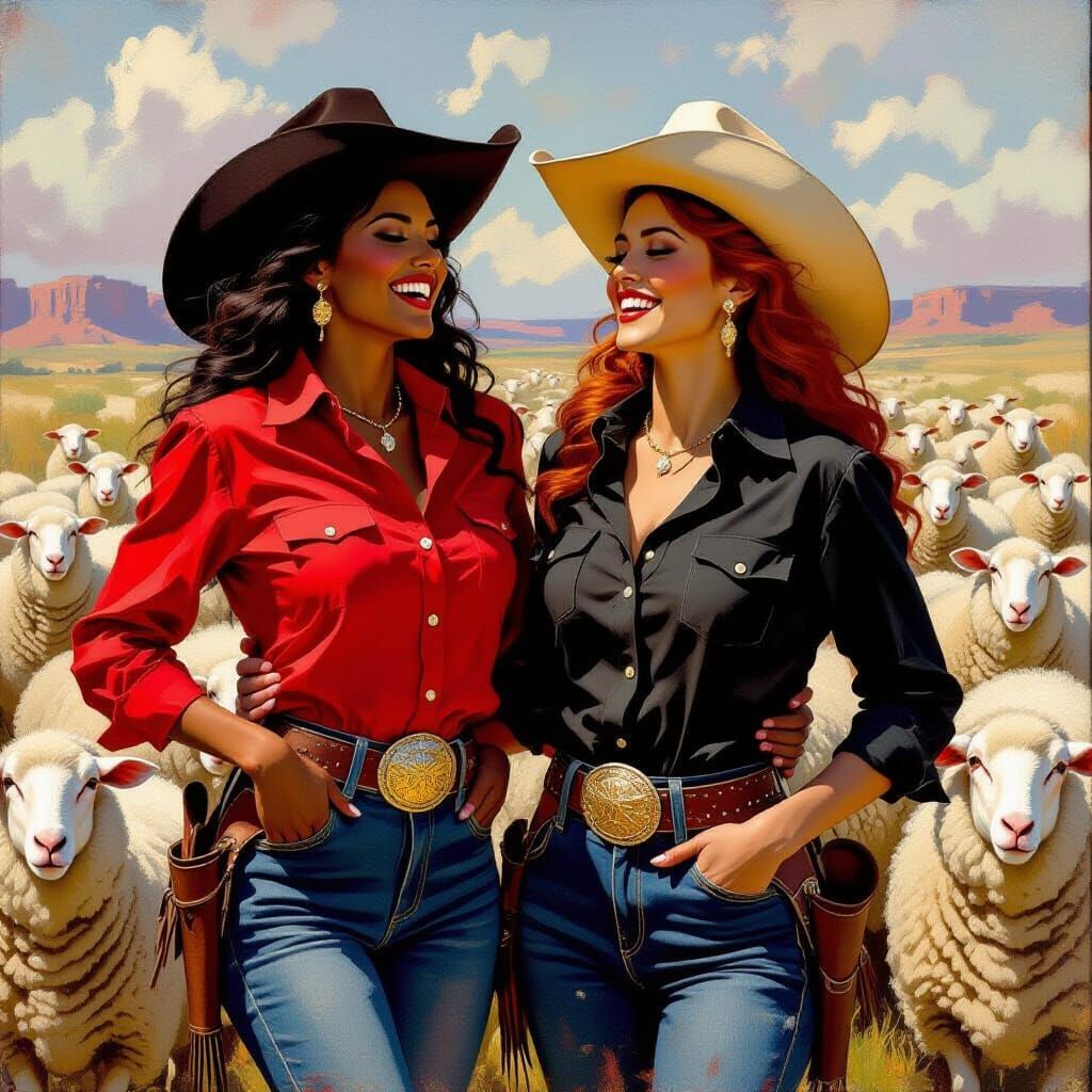 Cowgirls Rounding Up Sheep, Oil Painting Style