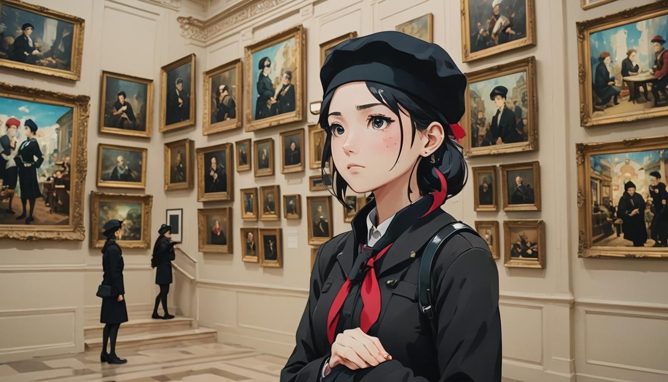 Anime Girl in Art Museum with Dynamic Lighting