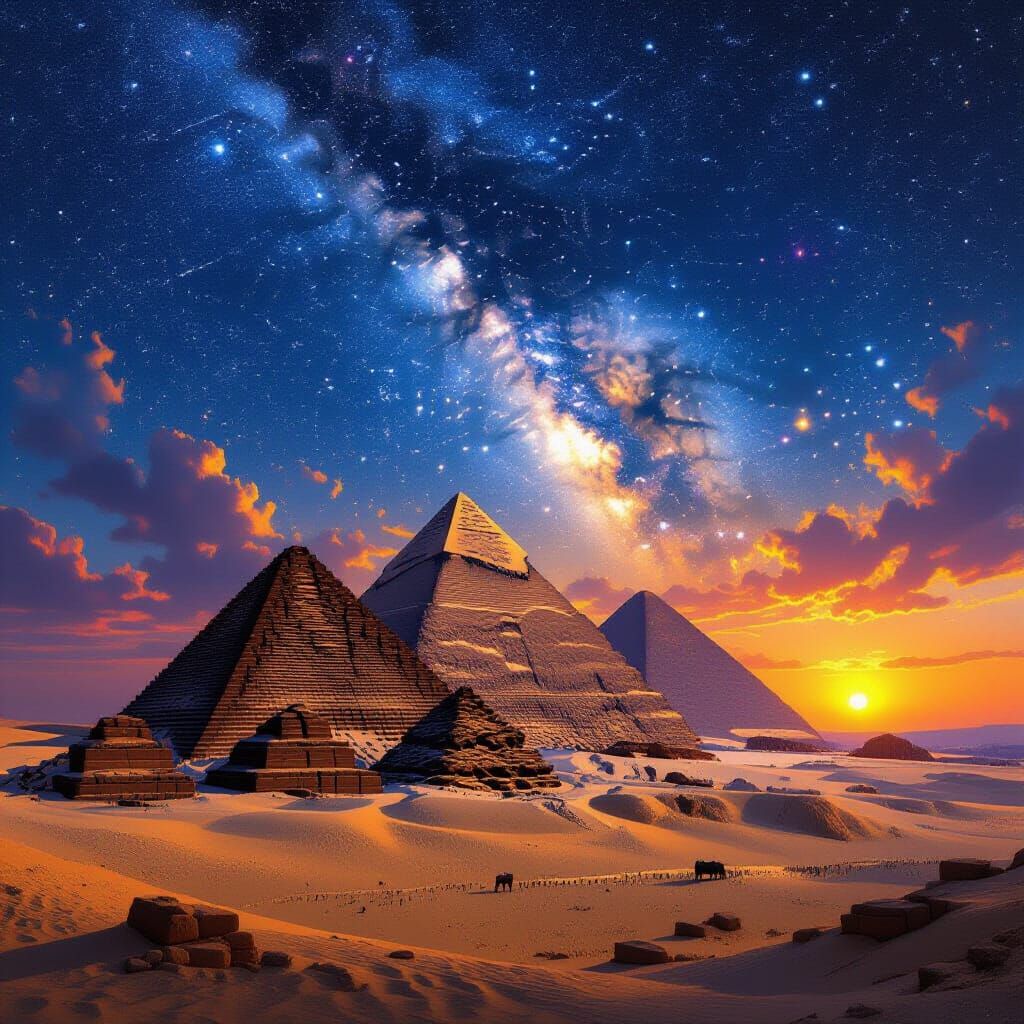 Egyptian Pyramids at Sunset Under Starry Night Sky