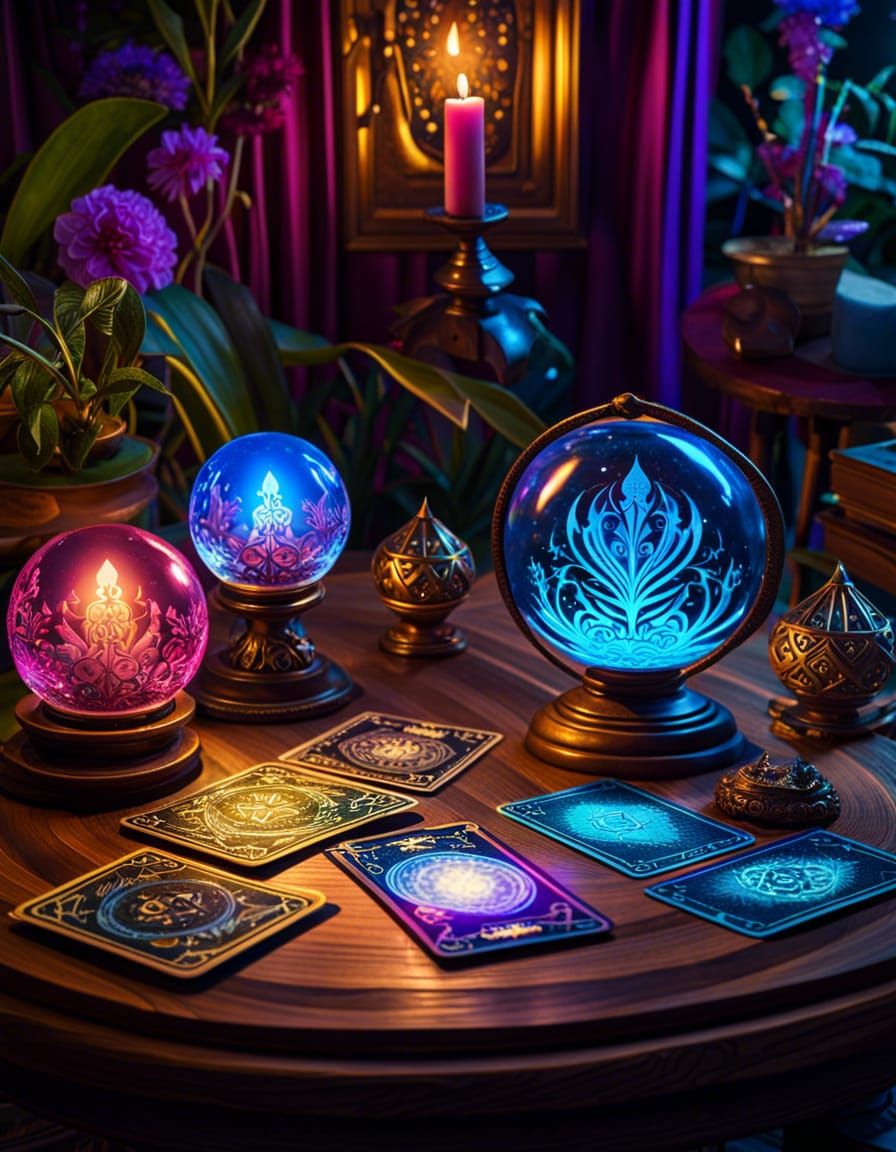 Enchanted Tarot Cards in a Psychedelic Fortune Teller Room