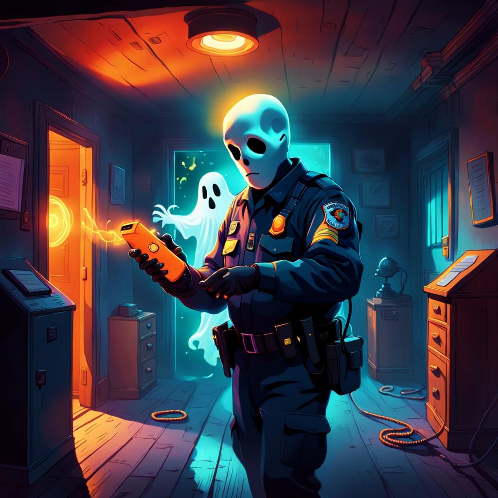 Cartoon Ghost Security Guard Investigates Attic