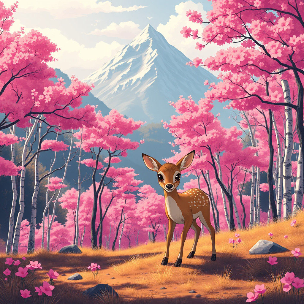 Anime Mountain Landscape with Cherry Blossoms and Deer