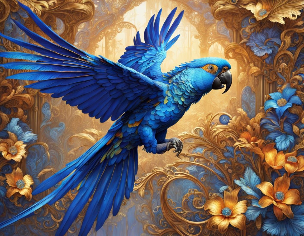 Majestic Steampunk Parrot in Flight Over Metallic Flowers