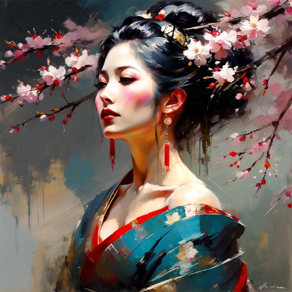Ethereal Geisha in Cherry Blossom Garden