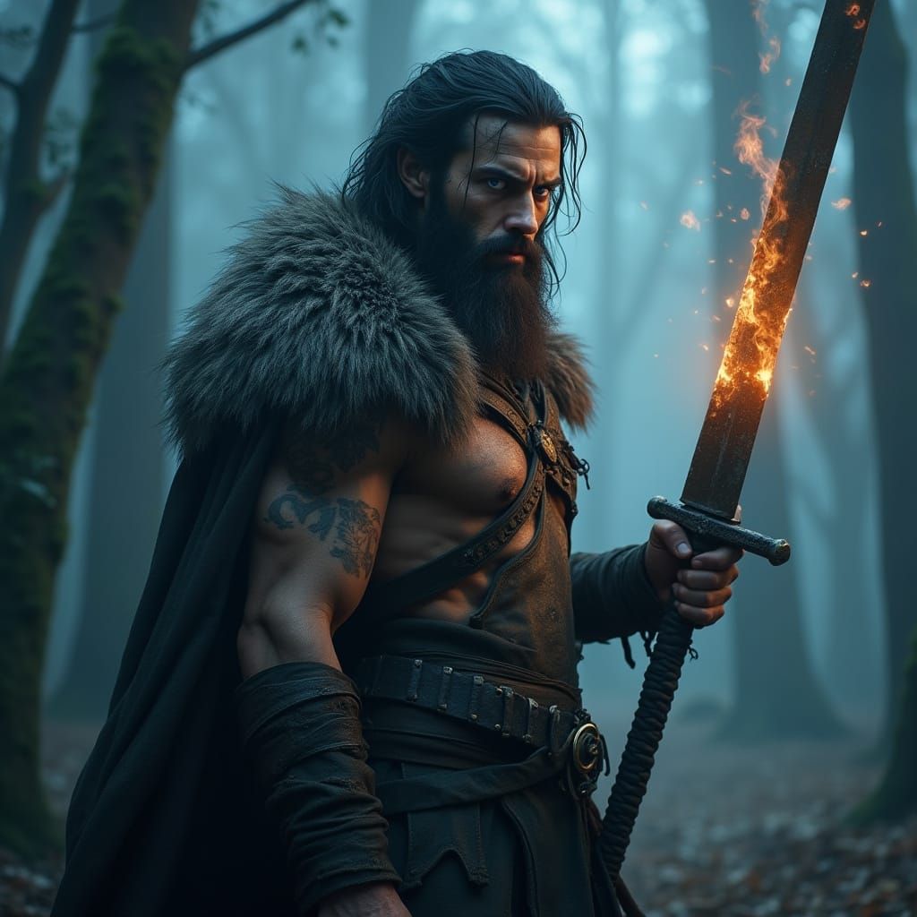 Battle-Scarred Warrior in Ancient Forest