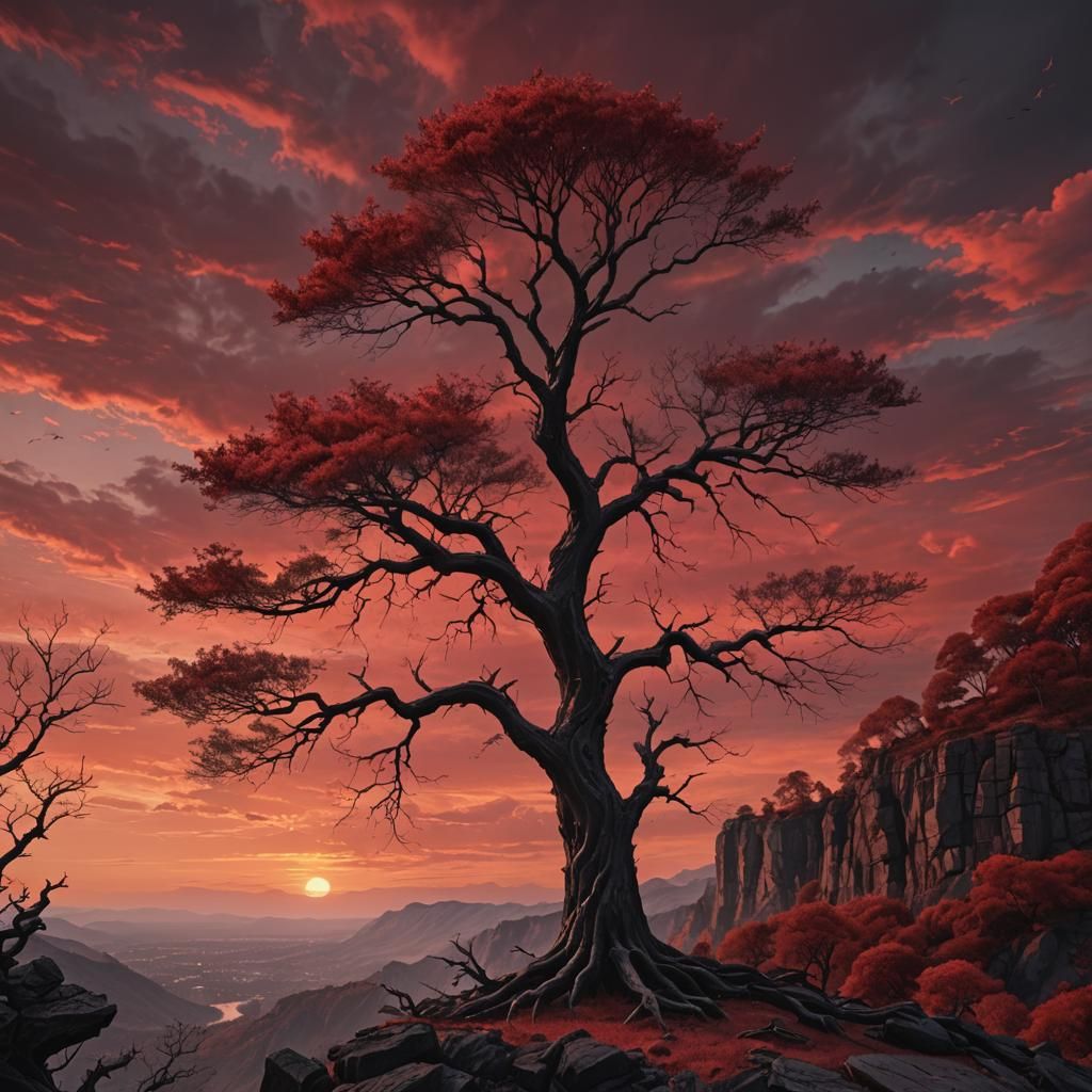Dramatic Black Tree Under Red Sky Digital Painting