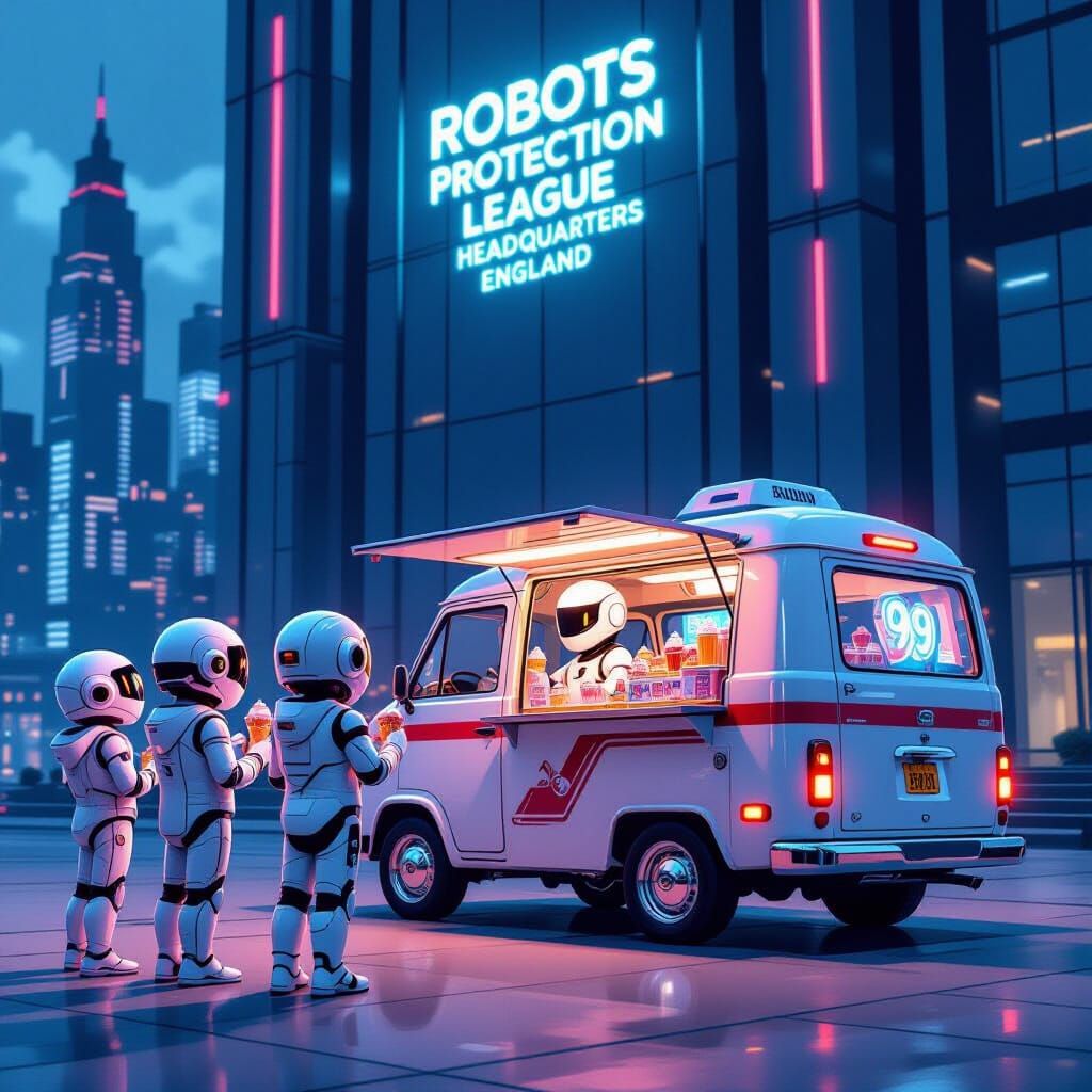 Robot Kids Buy Ice Cream in Cyberpunk England