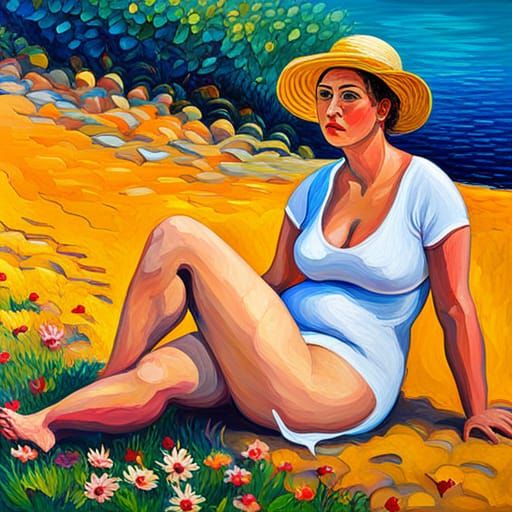 Curvy Woman in Neo-Impressionistic Oil Painting