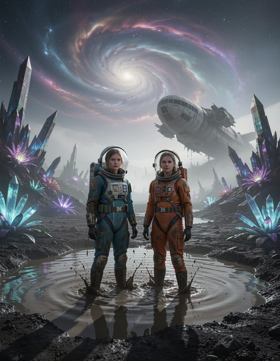 Alien Landscape with Spaceship and Explorers