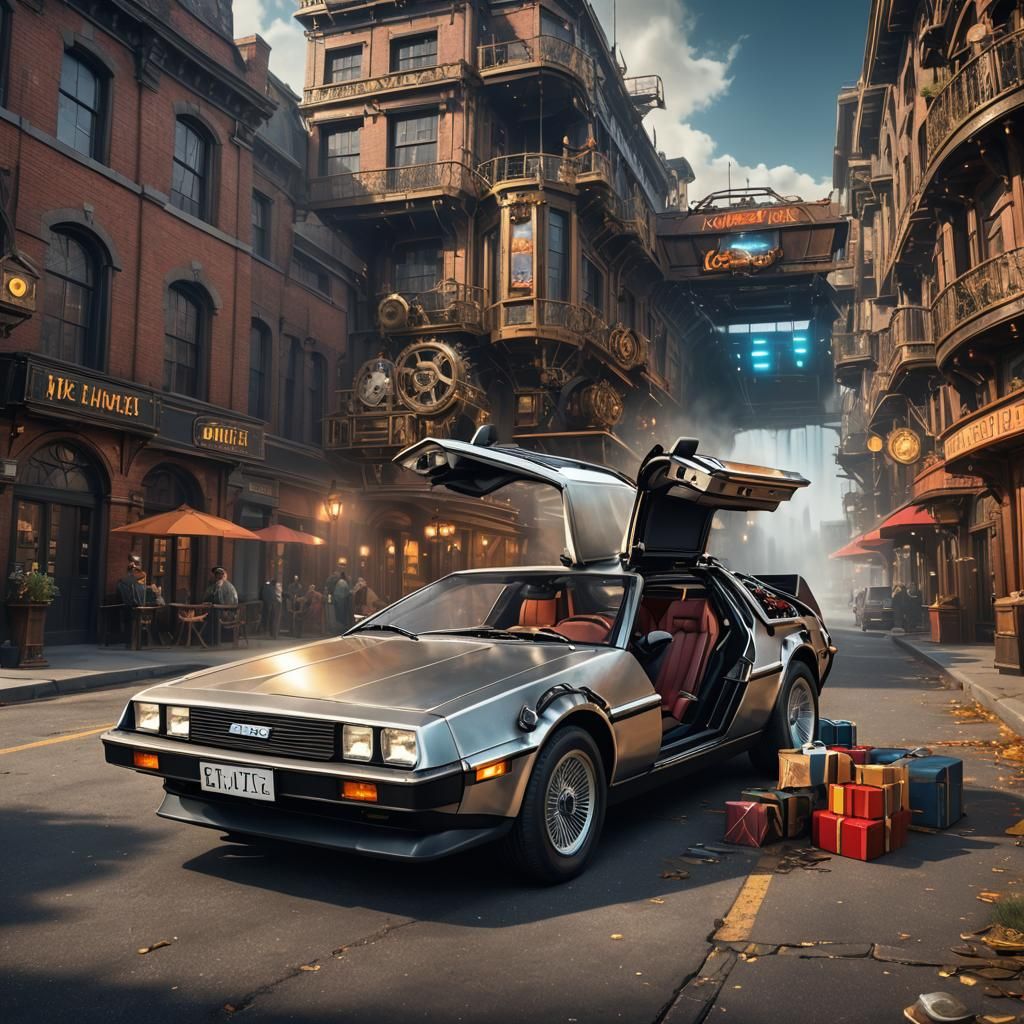 Michael J. Fox with DeLorean in Steampunk Style
