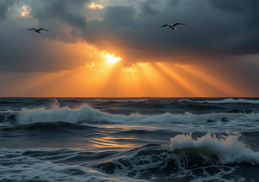 Ocean Storm with God Rays at Golden Hour