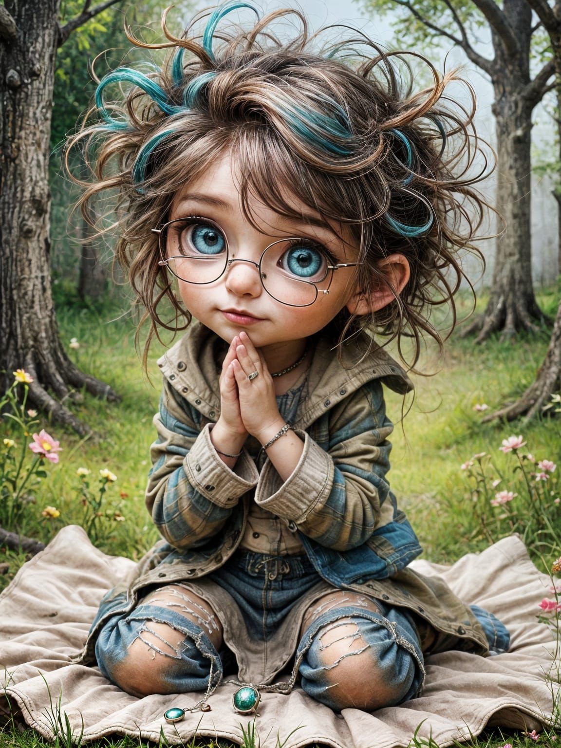 Girl Praying in Vintage Backyard, Whimsical Airbrushed Style