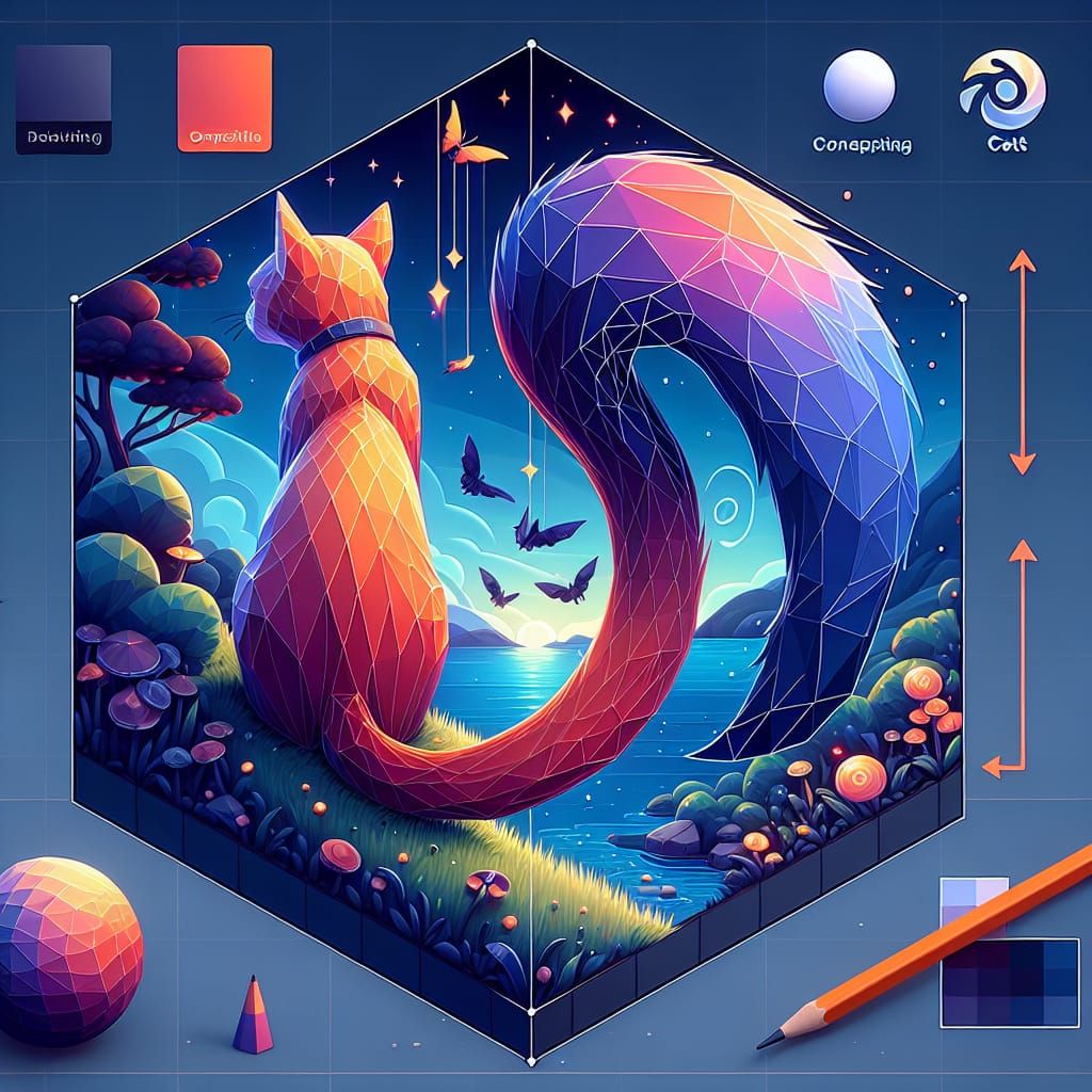 Isometric 3D Low Poly Cat Tail: Matte Painting