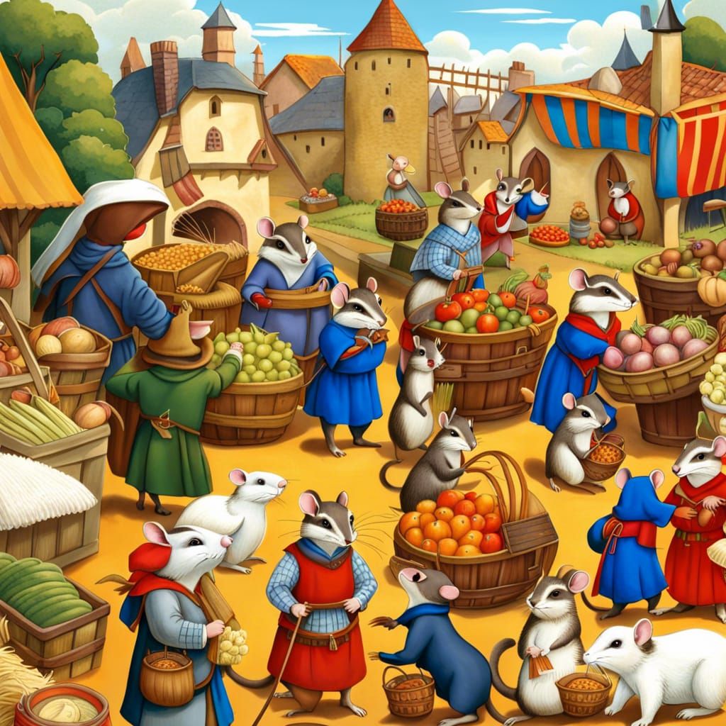 Medieval Farmer's Market with Animals in Storybook Style